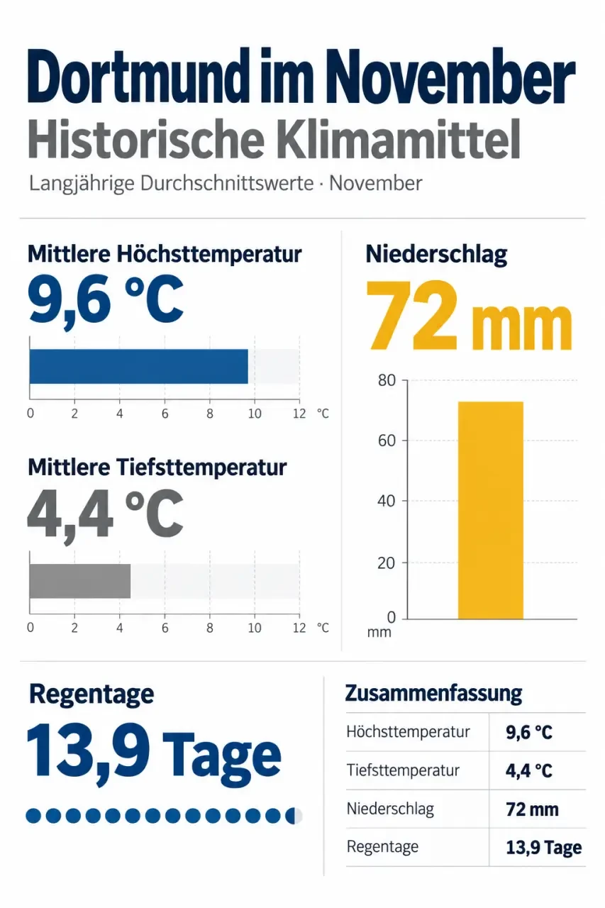 Wetter Dortmund: Historische Novembermittelwerte für Temperatur, Niederschlag und Regentage