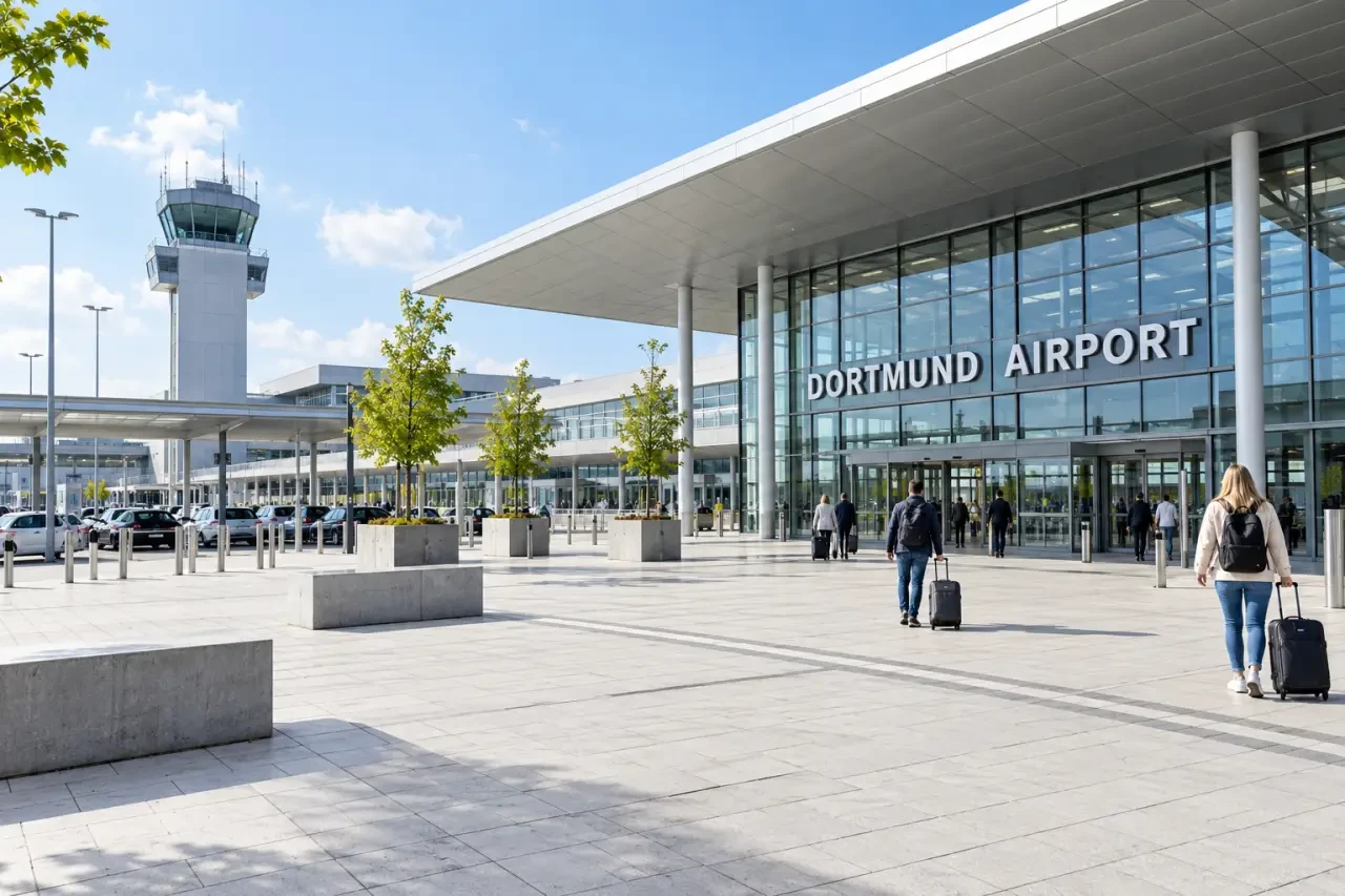 Flughafen Dortmund mit Terminalvorplatz und Ankunftsbereich